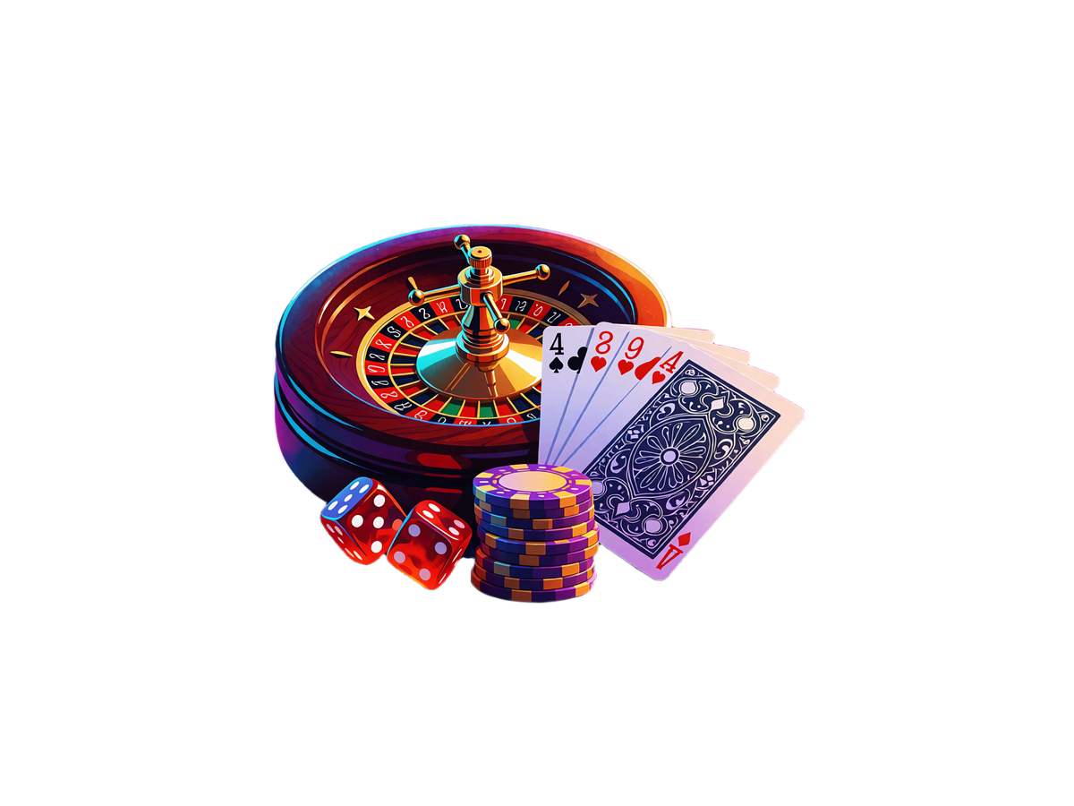 K&oacute;łko ruletki, wachlarz kart, dwie kości i stos żeton&oacute;w w neonowej poświacie - klasyczny Vegas w V.Vegas Casino