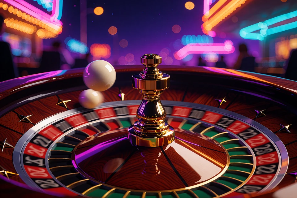 Obracające się mahoniowo-złote koło ruletki z białą kulką przy krawędzi - ruletka na żywo w V.Vegas