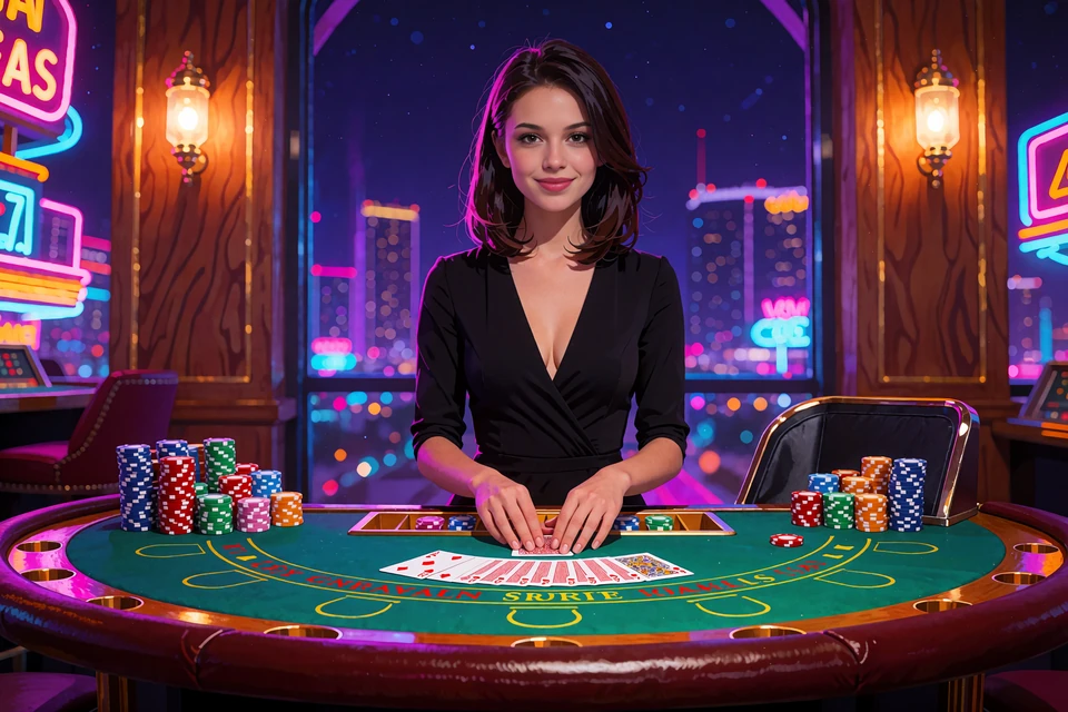 Krupierka przy zielonym stole do blackjacka z kartami i żetonami na tle nocnej panoramy - blackjack na żywo