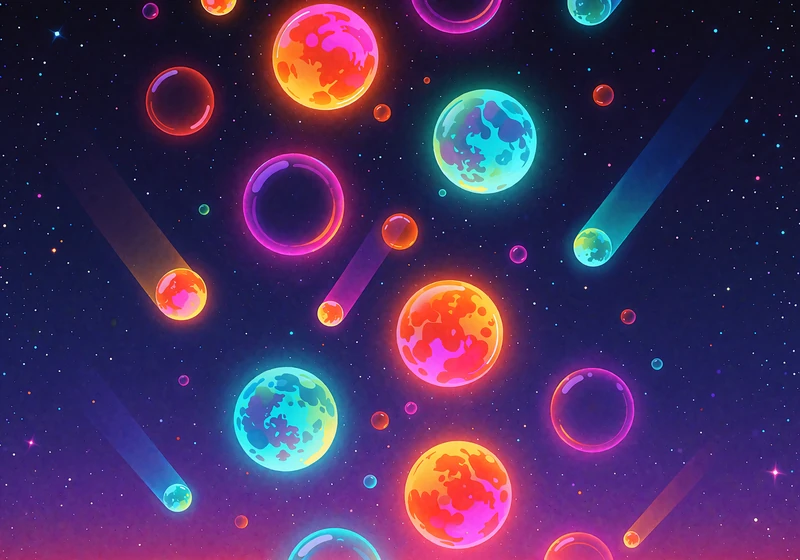 Kolorowe planety i księżyce spadające kolumnami w fioletowej mgławicy - kosmiczny slot z kaskadami wygranych w V.Vegas