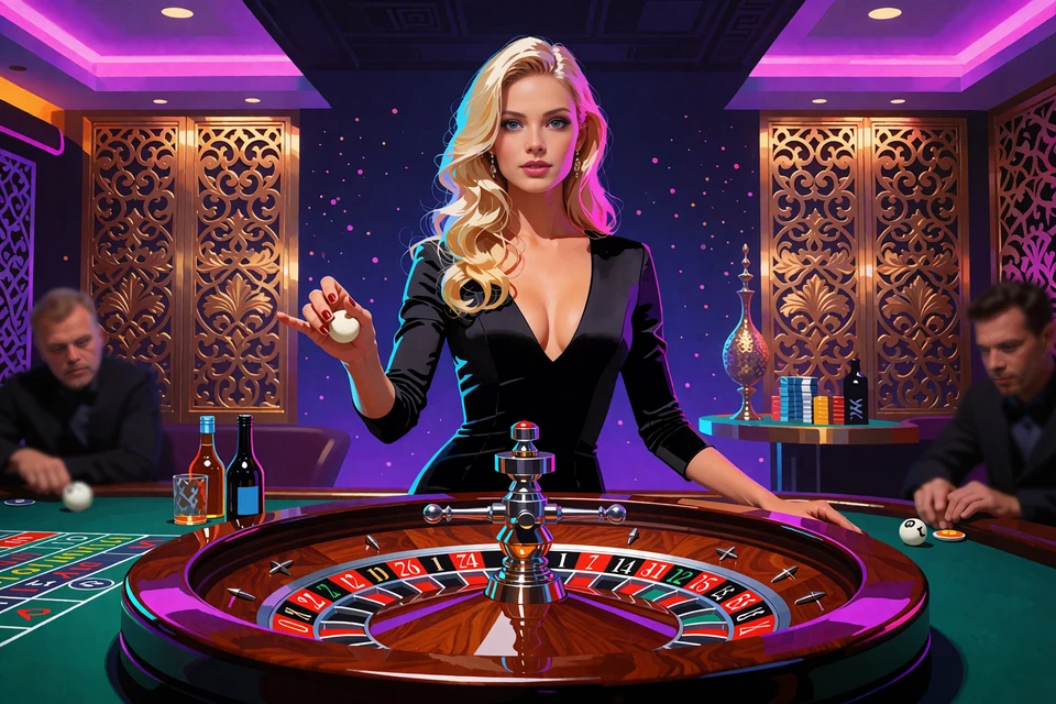 Krupierka przy ruletce z mahoniowym kołem w eleganckim studiu ze złotymi panelami - ruletka live w V.Vegas