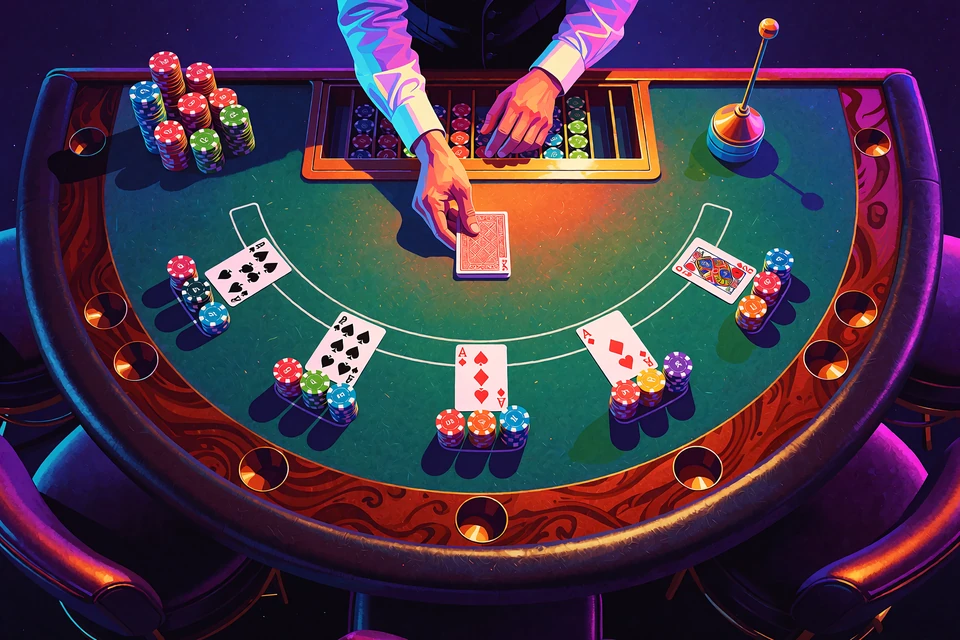 P&oacute;łokrągły zielony st&oacute;ł do blackjacka widziany z g&oacute;ry, dłonie krupiera rozdają kartę - blackjack live w kasynie online