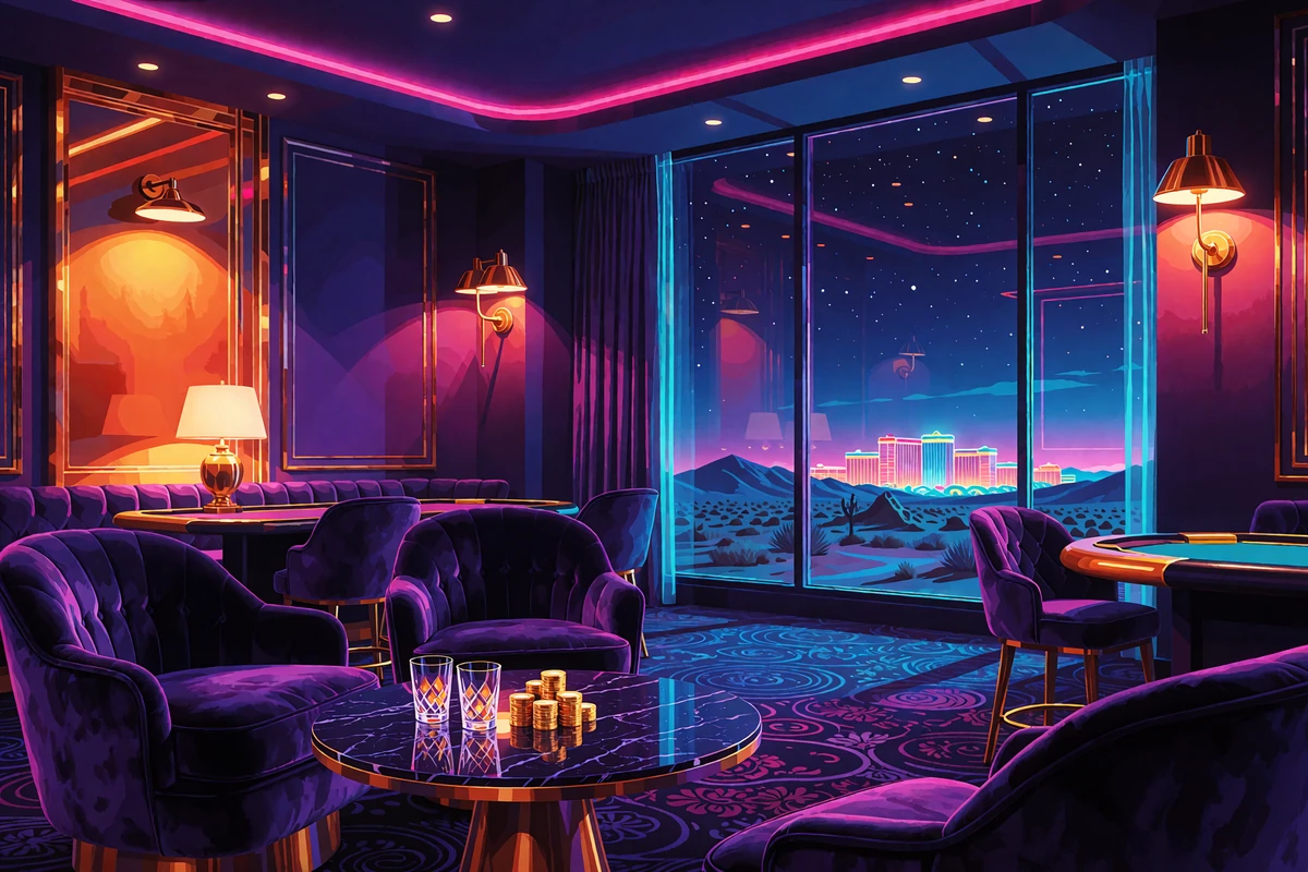 Prywatny salon VIP z fioletowymi fotelami, stolikiem z żetonami i oknem z neonową panoramą pustynnego miasta