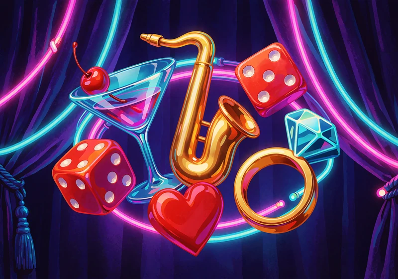 Kieliszek martini z wisienką, złoty saksofon i czerwone kości na tle fioletowej kurtyny z neonami - slot w retro stylu Vegas